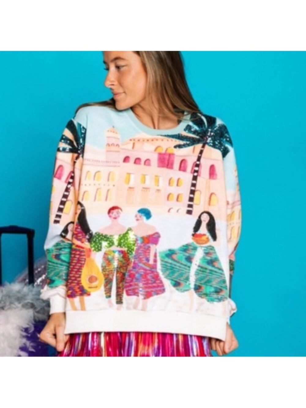 Queen Of Sparkles Ladies Large Sequined Vacation-themed Sweatshirt $276msrp!